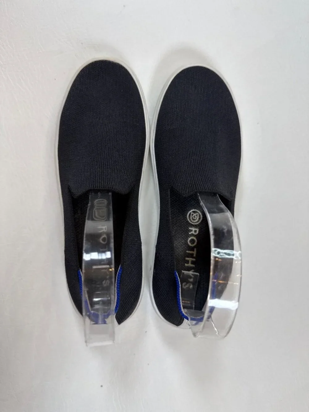 Rothys Womens Slip-On Sneakers Black Knit Blue/White Stripe Trim W7